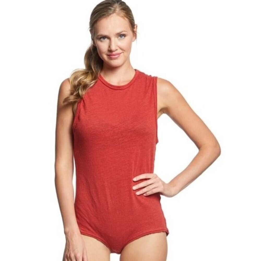 Free People All the Time Linen Bodysuit in Terracotta